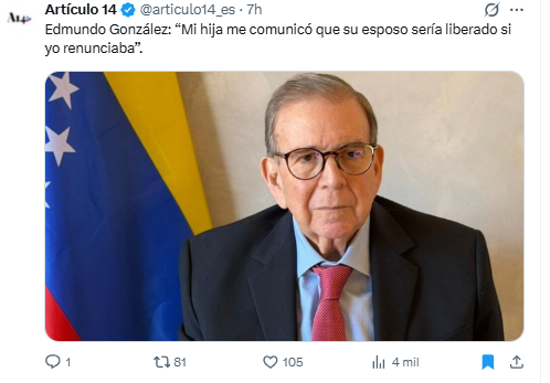 estebanoria's tweet photo. @EdmundoGU y su Excusa atrapa tontos.
Ahora dice que su hija le comunicó que su esposo sería liberado si él renunciaba.
¿Y qué cree que hizo el 28 de julio?
Renunció.

Lo que tenía frente a sus ojos no era simplemente un fraude electoral. Era un golpe de Estado. 
Como egresado de Relaciones Internacionales, sabe perfectamente que cuando se produce un golpe de Estado, el título de “presidente electo” solo sirve para simular normalidad. En la práctica queda vaciado de efecto, porque el problema ya no es electoral: el problema pasa a ser constitucional y de poder.

El 28 de julio el golpe no fue solamente contra una candidatura. Fue contra la Constitución. Fue contra la soberanía popular. Fue contra el orden republicano.

En ese momento, su deber no era conservar un título simbólico. Su deber era asumir la presidencia en funciones, invocar el Artículo 333 y colocarse del lado de la Constitución derrocada.

No lo hizo.

Por eso, en los hechos, renunció.

Entonces, ¿a quién pretende engañar?

Edmundo ya había renunciado desde el mismo 28 de julio de 2024.

Lo demás fue teatro, manipulación y una narrativa sentimental para justificar lo injustificable.

Dejó abandonados a 30 millones de venezolanos.
#Venezuela #Libertad #Democracia @MariaCorinaYA @SecRubio @realDonaldTrump