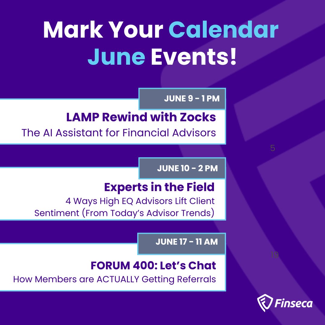 Finseca's tweet photo. June's lineup has arrived, and it's looking great ↓

A robust lineup featuring actionable ideas that you can implement immediately.

View all upcoming events and register here: https://t.co/T4BKDfYgok

@zocksio @GallagherGlobal @wifsnational https://t.co/IErIkJVlhQ