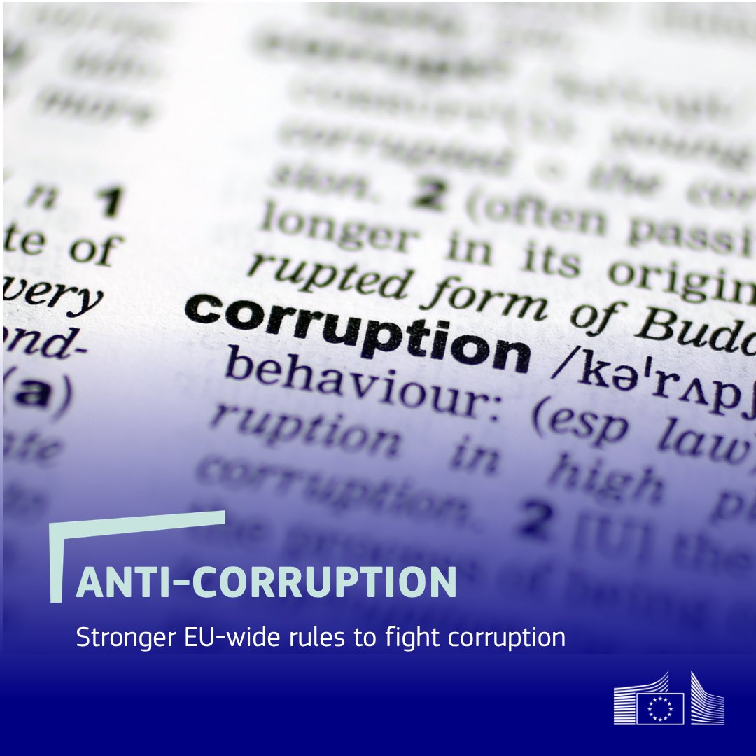 EU_Commission's tweet photo. Corruption undermines our democracies and the security of our societies.

Our new and more harmonised anti-corruption rules are now in effect across the EU and will help better prevent, detect and sanction corruption.

🔗https://t.co/paHLzEX8jC https://t.co/ht8Avbjop6
