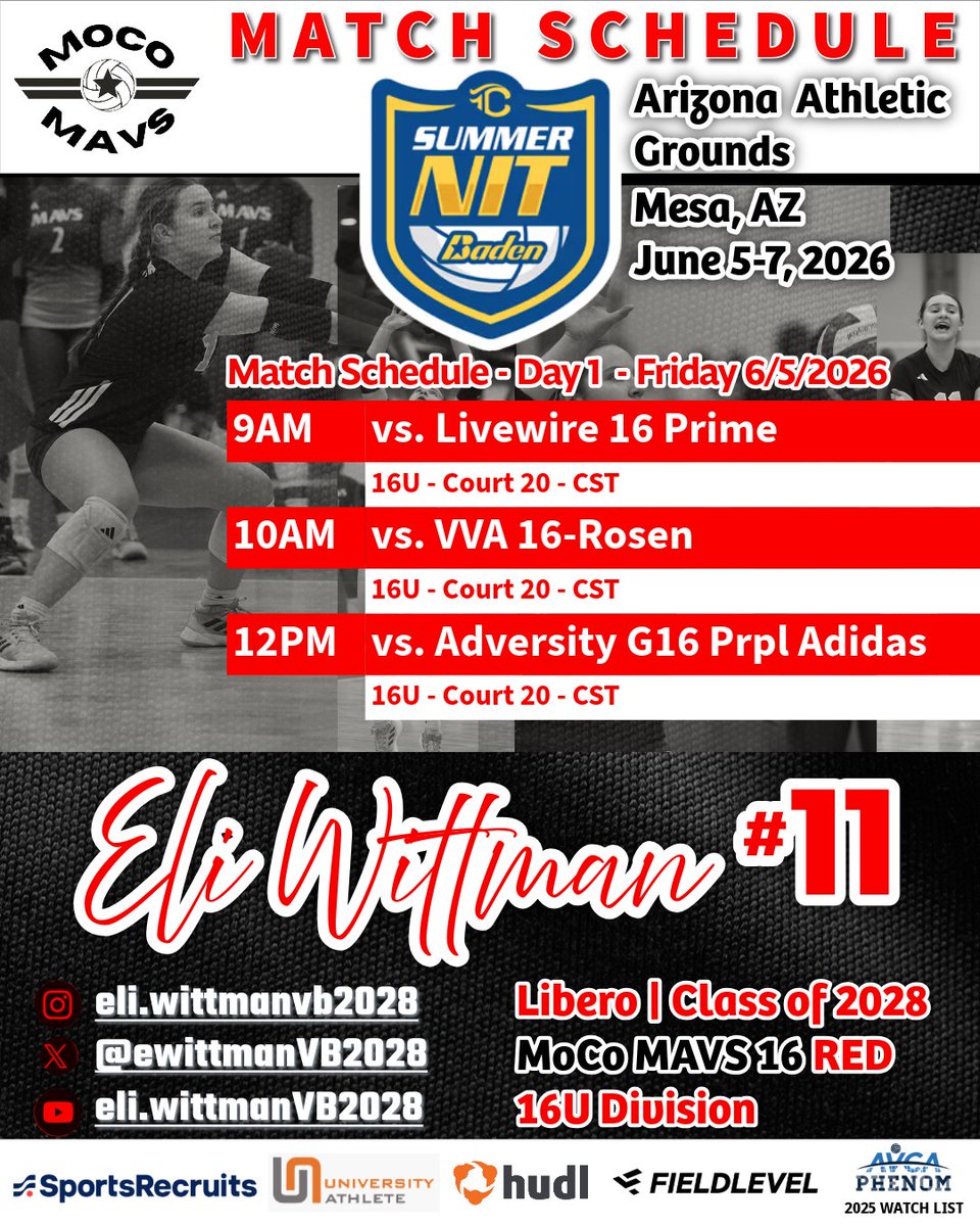 EWittmanVB2028's tweet photo. So EXCITED for the Summer NIT this week!  Day 1 Match Schedule!😍 https://t.co/dseGIApXR2