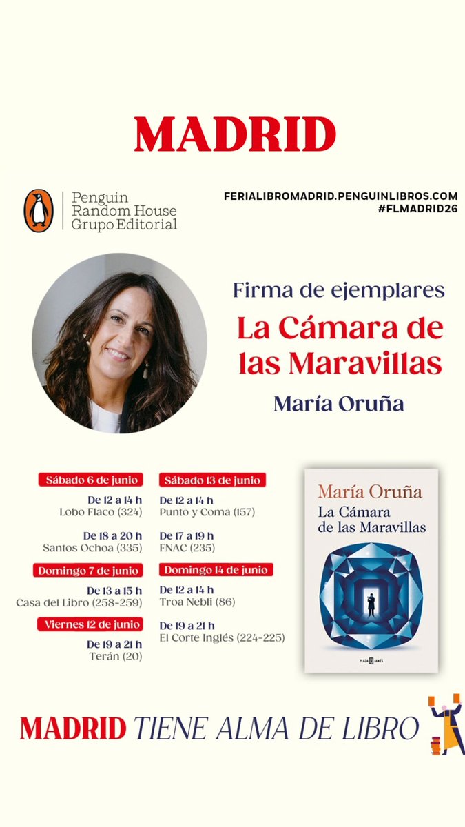 maria_oruna's tweet photo. 🔴 Esta semana arrancan las presentaciones de La Cámara de las Maravillas.
📚Martes 2, Vigo.
📚Jueves 4, Burgos.
📚Viernes 5, Valladolid.
📚Sábado 6 y domingo 7, Feria del Libro de Madrid.
Si os apetece nos vemos, marineros. https://t.co/KyzZ6UzJId