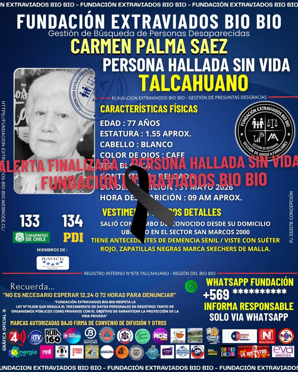 Extraviadosbiob's tweet photo. ⚫ALERTA FINALIZADA TALCAHUANO⚫
Fundación Extraviados Bio Bio lamenta confirmar por intermedio de la hija de la señora Carmen, que fue hallada sin vida, agradecemos a todos quiénes ayudaron a compartir este caso. #F_EXTRAVIADOSBIOBIO #C878 https://t.co/6W103kSTDi