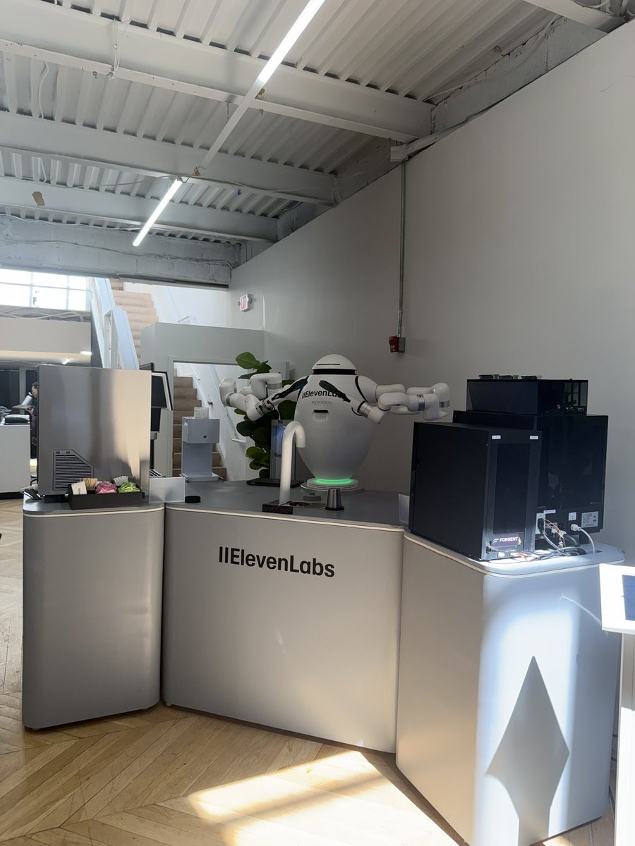 thechangj's tweet photo. We are open @ElevenLabs and live at NY @Techweek_.

Come stop by our pop up today through the 7th in SoHo and meet our robot baristas, check out exclusive merch and listen to our AI generated music 

I’ll also be here Wednesday for our founder exclusive event. 

Catch you soon! https://t.co/FZzIR6VgER