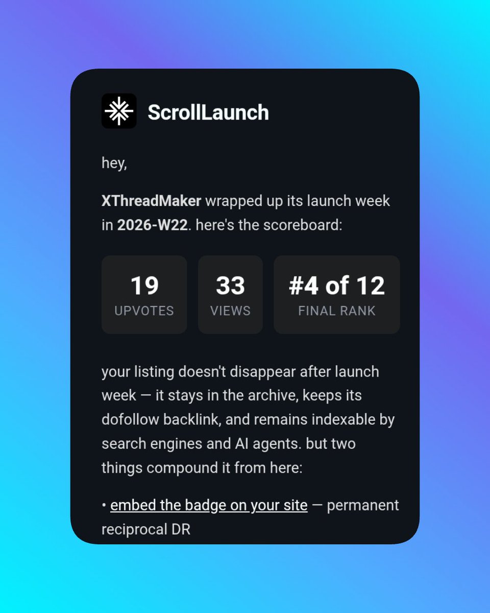 ParthBhovad's tweet photo. Wow.

My tool XThreadMaker got #4 rank on @scrolllaunch 

#buildinpublic https://t.co/vSYYciGTKP