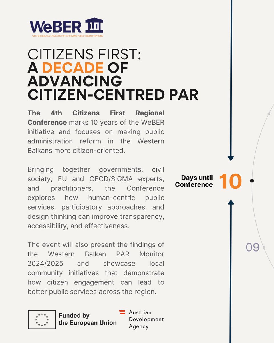 CEPBelgrade's tweet photo. ⏳ Just 🔟 days to go until the 4th WeBER Regional Conference - Citizens First: A Decade of Advancing Citizen-Centered PAR!

🎂 This year marks a major milestone - 10 years of the WeBER initiative and a decade of advocating for public administrations that put citizens first.
Bringing together representatives of governments, civil society, the EU, OECD/SIGMA, and public administration practitioners from across the Western Balkans, the Conference will explore how human-centric public services, participatory approaches, and design thinking can make institutions more transparent, accessible, and effective.

Participants will also get an exclusive look at the findings of the Western Balkan PAR Monitor 2024/2025 and discover inspiring local initiatives proving that meaningful citizen engagement can drive real improvements in public services.

✨ Stay tuned over the coming days as we unveil the programme and key discussions that await at this year’s Conference.

#WeBER_EU
