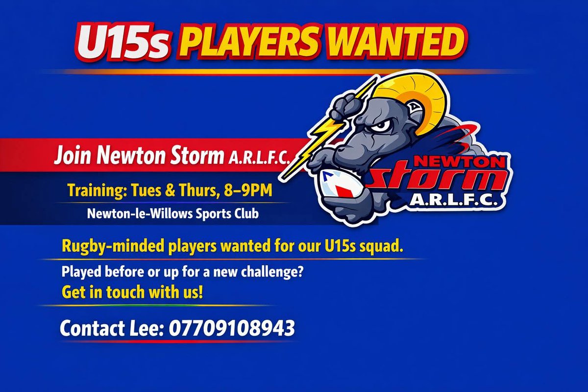 byrchall's tweet photo. Newton Storm ARLFC @NewtonStormARL is looking for new players to join its Under 15s squad! 
Whether you are experienced or brand new to rugby, everyone is welcome. Check out the flyer for more details and get involved! https://t.co/PjNE6AEb8E