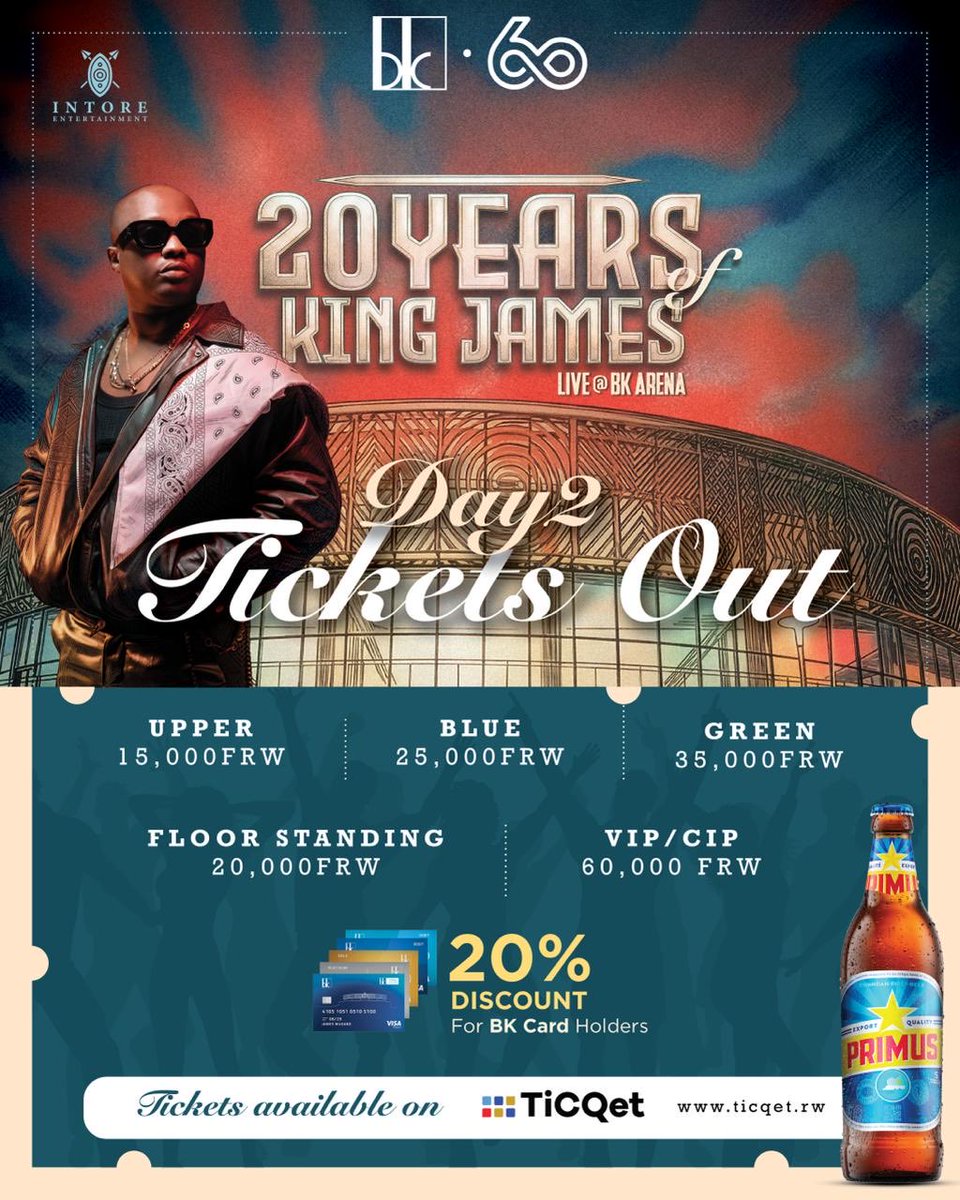 BruceIntore's tweet photo. Day 2 concerts tickets are officially Live!

Missed your chance the first time? worry not! 
This is your moment.
Secure your tickets now before it’s too late!! #20yearsofkingjames @BankofKigali @PrimusRwanda @bkarenarw @Intore_ent 

https://t.co/jVXOS0FKSu https://t.co/837x7krEuo