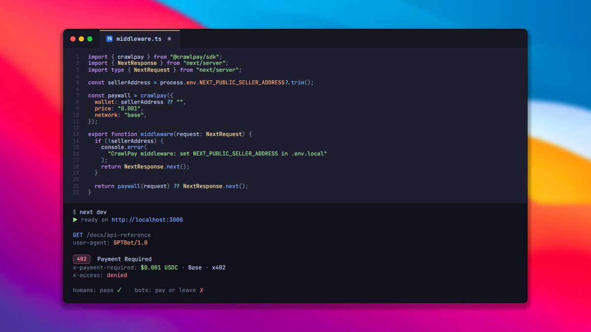 crawlpay's tweet photo. AI companies are scaling on your data for free, and Cloudflare only protects you if you pay them $5k/mo for enterprise.

most websites are just an unpaid open buffet for AI Bot. 

we built CrawlPay to change the defaults. 

it puts an instant HTTP 402 paywall on your pages. every crawl costs them $0.001 USDC on Base. humans pass through free. bots pay or they can't read.

if you run a site, why are you still letting them drain your value for $0 ?

live now → https://t.co/bCubSnivnL