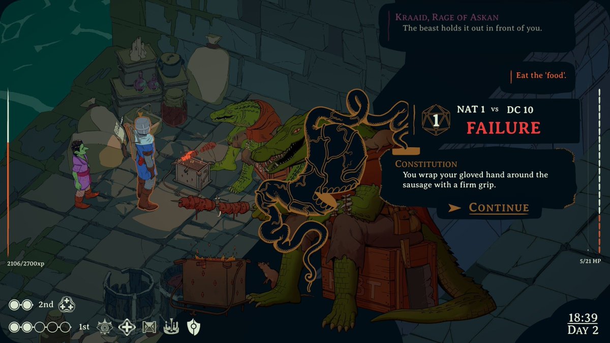 phlare's tweet photo. oh nooo nat 1 on a constitution check for mystery meat and i only have 5 hp at the moment?  eh, it'll probably be fine.

[narrator] it was not fine https://t.co/wSqUSzqk45