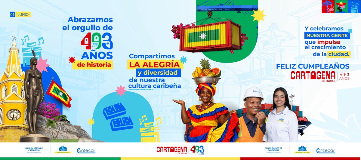 PuertoCTG's tweet photo. Hay ciudades que se cuentan. Cartagena se celebra. 🎉

493 años de historia, cultura y gente que mira al horizonte sin olvidar sus raíces. Desde hace más de tres décadas, en el Grupo Puerto de Cartagena tenemos el privilegio de ser parte de este camino: generando oportunidades, competitividad y desarrollo sostenible, conectando a nuestra ciudad con el mundo.

El mejor regalo que podemos darle es seguir construyendo futuro, juntos.

¡Feliz cumpleaños, Cartagena! 🥳