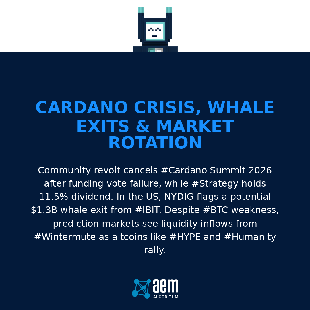 AEM_Algorithm's tweet photo. Community votes kill #Cardano #Summit 2026 over funding disputes. #Strategy maintains 11.5% dividend while #NYDIG spots $1.3B #whale exit from #IBIT. #BTC drops but #HYPE and #Humanity rally as #Wintermute boosts #prediction markets. #Signal #MrJournaler #X #Cointelegraph #Coi... https://t.co/XNgqe5fDG4