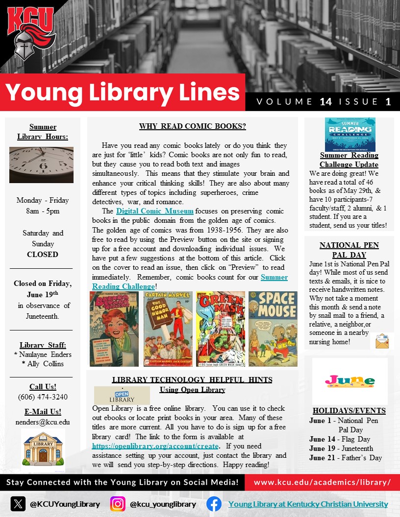 KCUYoungLibrary's tweet photo. Our June Library Newsletter is now available! Track our Summer Reading Challenge! Discover how to find free online comic books! Consider celebrating National Pen Pal Day and learn how to sign up for OpenLibrary! https://t.co/zYoMJuHfV4 #KCUSummerReading #kculibrary https://t.co/BO9M1m1QxT