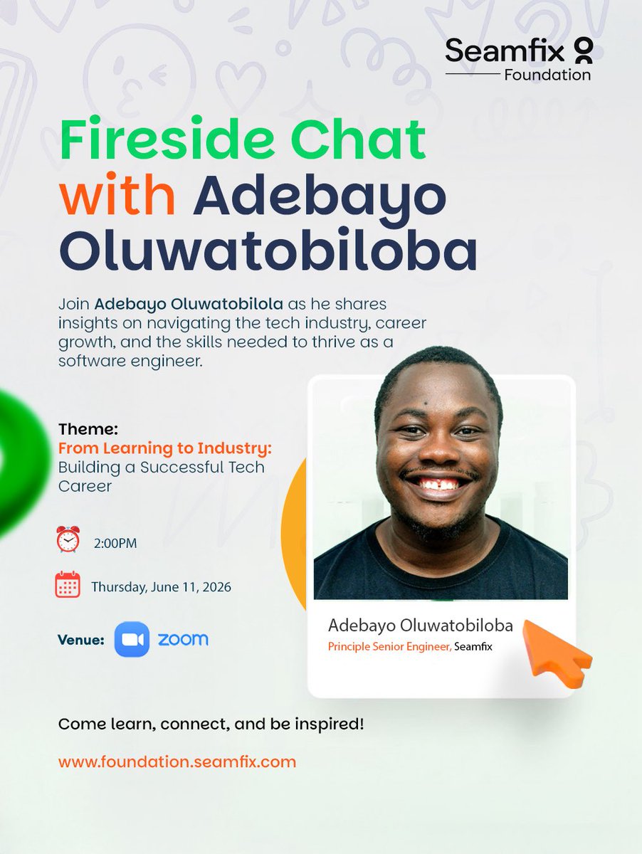 seamfixltd's tweet photo. Ending the cohort on a high note! 

We're excited to host Adebayo Oluwatobiloba, Principal Senior Engineer at Seamfix, for a fireside chat on building a successful tech career..from learning to industry💻
Want opportunities like this? Stay tuned, our next cohort is coming soon💃 https://t.co/gICip3JaK2