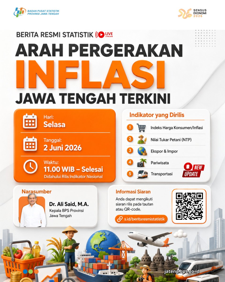 bpsprovjateng's tweet photo. RILIS BERITA RESMI STATISTIK

Hari/Tanggal:  Selasa, 2 Juni 2026
Pukul:  11.00 WIB – selesai 
(didahului rilis indikator nasional)

Disiarkan melalui Youtube: https://t.co/yOBjHuYBmJ
alternatif link Youtube: https://t.co/vjXTHuR379 https://t.co/etOtqMBShF