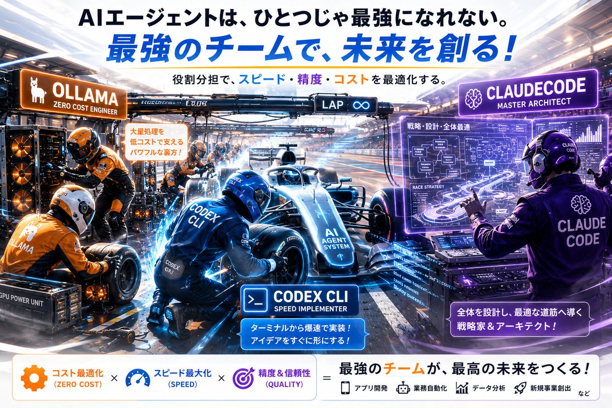okumuratakashix's tweet photo. 【AIエージェントツール、結局どれを使えばいいの？　——Ollama・Codex CLI・ClaudeCodeの使い分け完全整理】

みなさま　おはようございます✨

Xのお友だちから昨日頂いた質問をベースにシェアしますね。
みなさんも同じような疑問をお持ちかもしれません。
「AIエージェントツール、Ollama・Codex CLI・ClaudeCode、結局どれを使えばいいの？」

それぞれ「無料で動かせる」「軽快にコードが書ける」「大規模プロジェクトに強い」と特徴が違いすぎて、比較しにくいですよね。

実はこれ、「どちらが優れているか」ではなく「何に使うか」で答えが変わります。

まずCodex CLIの「無料」について正直に:

現時点でOpenAIがChatGPT無料プランに期間限定でCodexを含めています。「無料で使える」は事実ですが、期間限定という点は押さえておく必要があります。
いつ変更されてもおかしくない状態です。
試す入口としては優秀ですが、長期的な業務基盤として設計するには注意が必要です。

3つのツールの本質的な違い

🖥️ Ollama × ローカルLLM自分のPC上でAIを動かす。高性能GPUがあれば特に力を発揮します。
通信費・API費用ゼロで大量の単純・反復作業をエージェントに任せられる。
ただし精度はクラウドモデルに劣る部分があります。

⚡ Codex CLIターミナルから軽快にコードを生成・実行できる実行エージェント。速さとコスパが強み。局所的な開発タスクや反復作業の自動化に向いています。

🧠 ClaudeCode大規模・複雑なプロジェクトを丸ごと理解して、計画を立ててから動くエージェント。整合性を保ちながら深く確実に仕上げる設計思想です。精度と信頼性が最優先の場面で本領を発揮します。

**「何を・どの精度で・いくらのコストで動かしたいか」
**この3つを先に決めると、ツール選びで迷わなくなります。

AIエージェントは「最強の一本」を探すより、用途に応じて使い分ける設計思想が結果につながります。