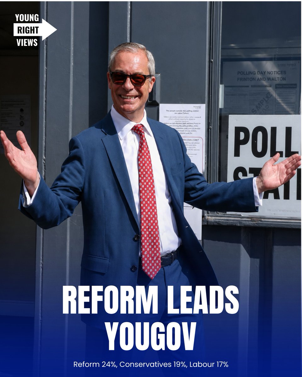 YRightViews's tweet photo. 🚨 NEW: Reform UK leads the latest YouGov Westminster poll.

REF: 24%
CON: 19%
LAB: 17%
GRN: 16%
LDM: 14% https://t.co/jyyIFZXaOe
