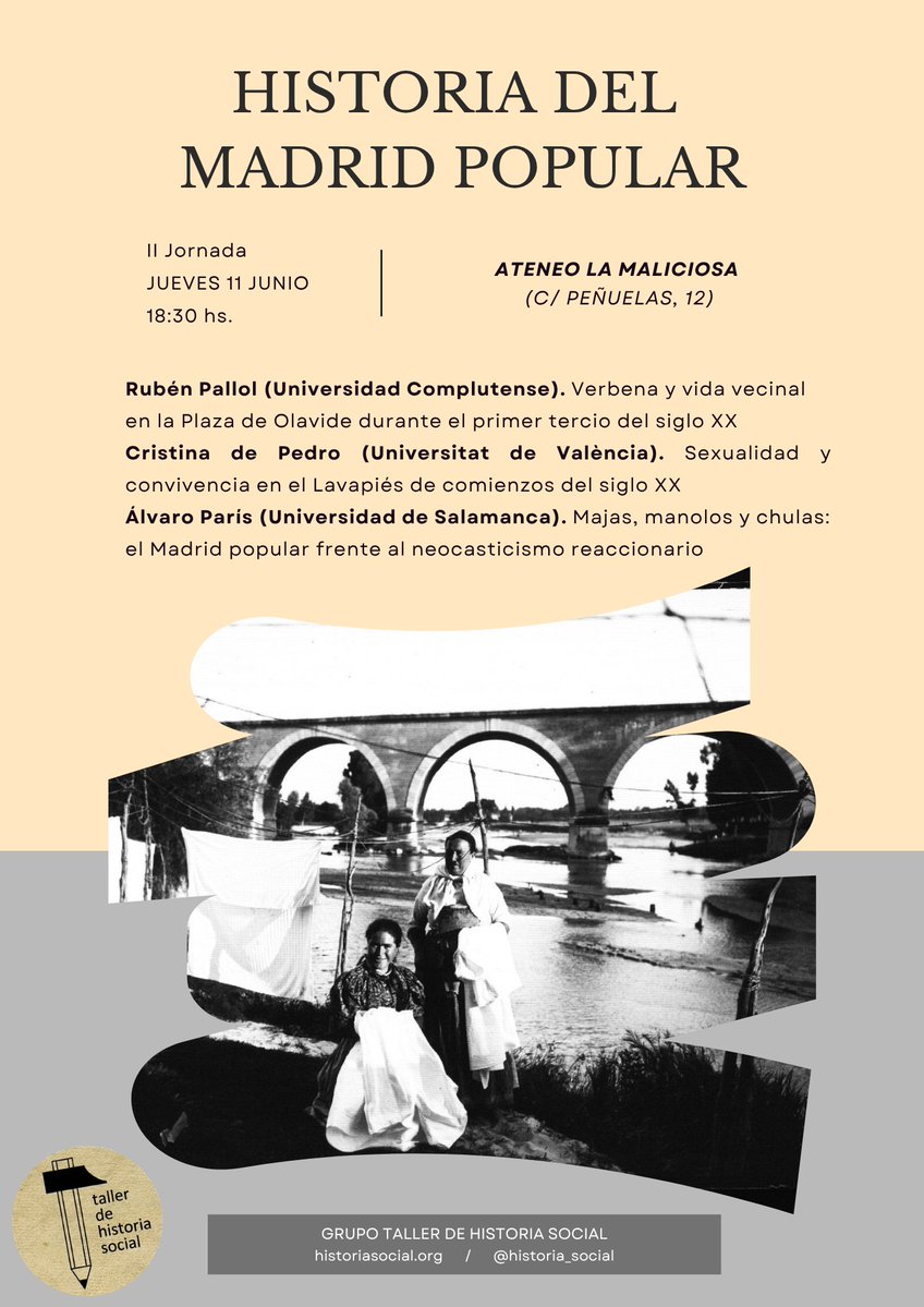 Historia_Social's tweet photo. II Jornada de Historia del Madrid popular

📆11 junio
⏰18:30
🏠@AteneoMaliciosa (C/ Peñuelas, 12)

@RPallol - Verbena y vida vecinal en Plaza Olavide 
@crisdepedro3 - Sexualidad y convivencia en Lavapiés 
Álvaro París - Crítica del neocasticismo reaccionario 

¡Os esperamos! https://t.co/4rbZhdOOjY