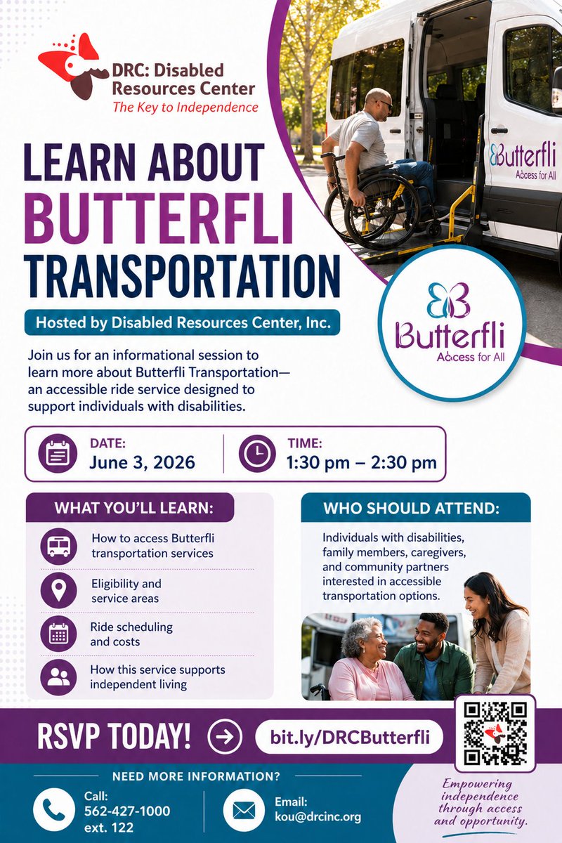 _drcinc's tweet photo. 🚐 Join DRC on June 3 from 1:30–2:30 PM to learn about Butterfli Transportation, an accessible ride service for individuals with disabilities. Learn about eligibility, service areas, costs, and more. RSVP: https://t.co/hjBtF7juNm
📞 562-427-1000 ext. 122 | ✉️ kou@drcinc.org https://t.co/TC6Jw8gUWV