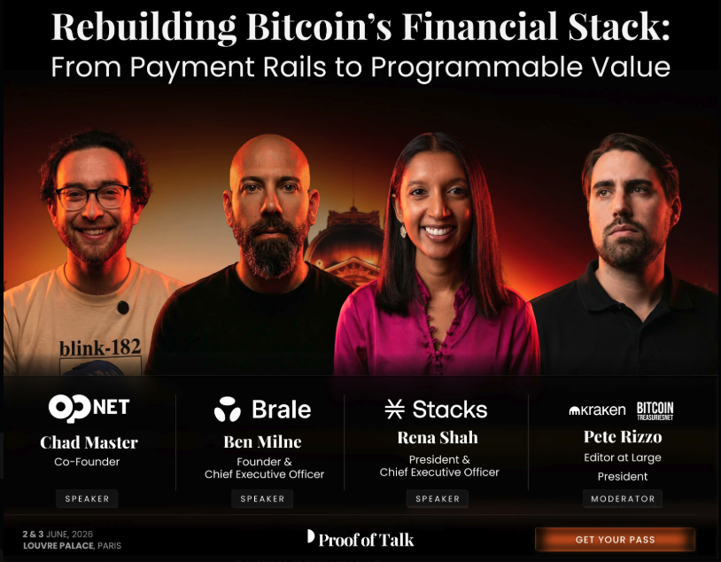 Stacks's tweet photo. Catch @renashah at @ProofofTalk Paris tomorrow talking Bitcoin's financial stack from payment rails to programmable value.

She's joined by good company 👇 https://t.co/9YaxowjRD7