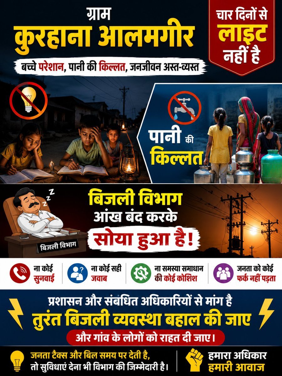Pavanthakurs's tweet photo. @aksharma
@UPPCLLKO
@dvvnlhq
@dvvnljalaun2
@dmjalaun
ग्राम कुरहाना आलमगीर में पिछले चार दिनों से बिजली गुल है। छोटे-छोटे बच्चे गर्मी में परेशान हैं, पानी की भारी किल्लत हो चुकी है और लोगों का जनजीवन पूरी तरह प्रभावित हो रहा है। लेकिन बिजली विभाग मानो आंख बंद करके सोया हुआ है। https://t.co/rO1qaEtdo0