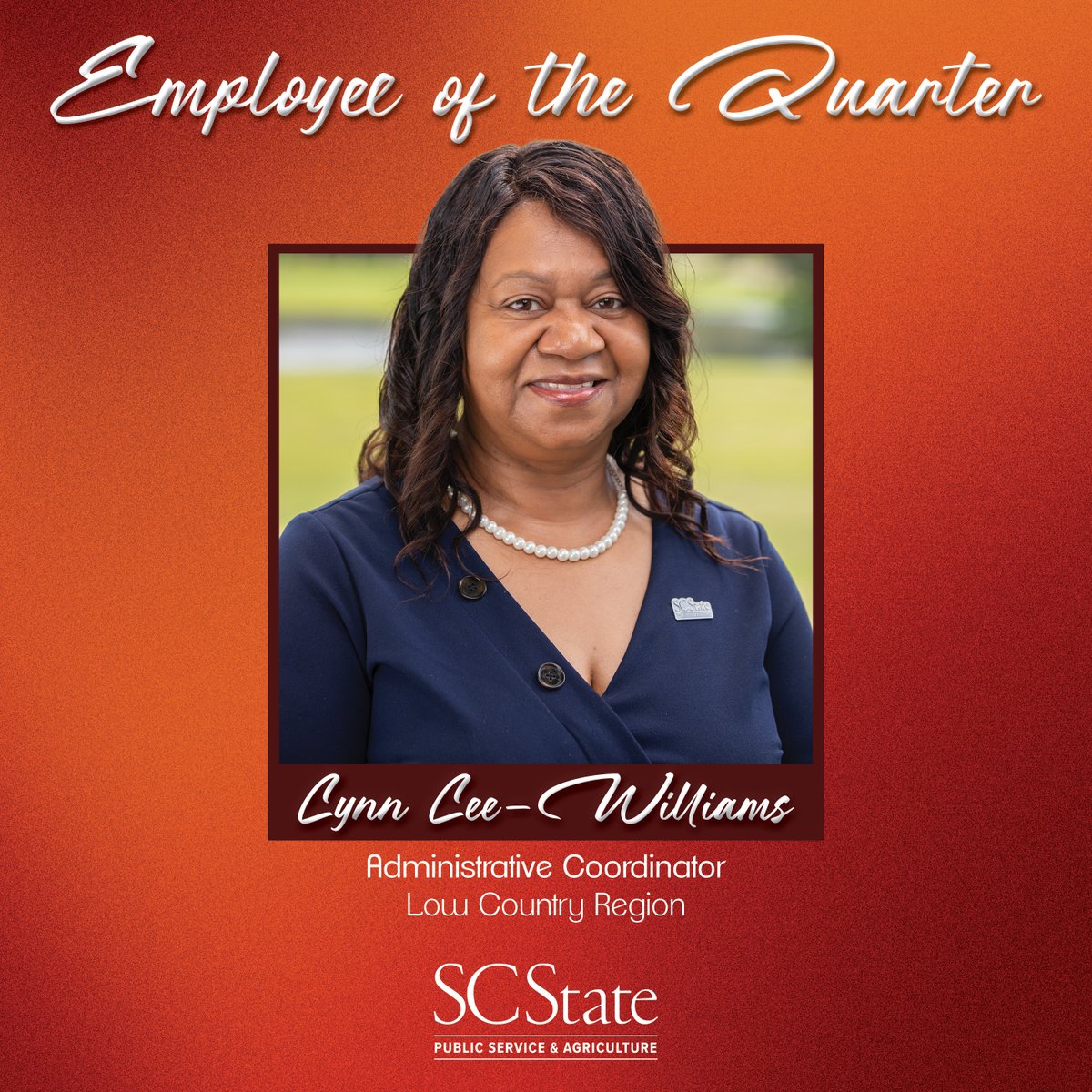 SCState1890's tweet photo. Congratulations to Lynn Lee Williams, administrative coordinator for the Low Country region, on being recognized as Employee of the Quarter. 🎉 https://t.co/X7HDjiAc3i