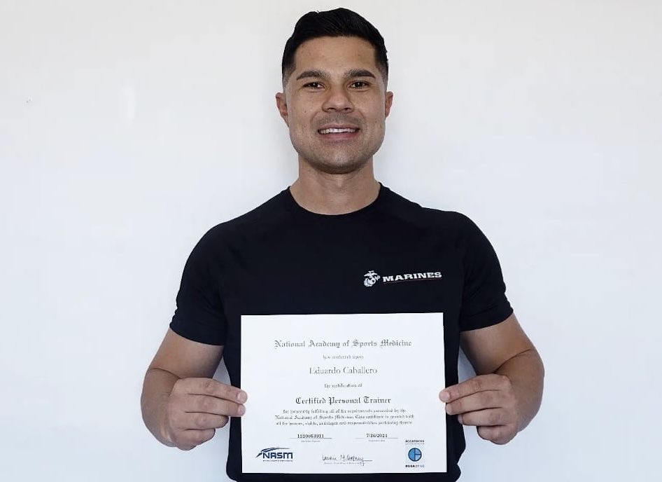 BodyDesignU's tweet photo. "I recently Re-certified as a NASM CPT. It has been an amazing journey working with BDU, all while training in the military as an active duty Marine. I can't wait to see what else is in store for the future. Never give up on your goals!" -Eduardo https://t.co/6SvIfxvEpU