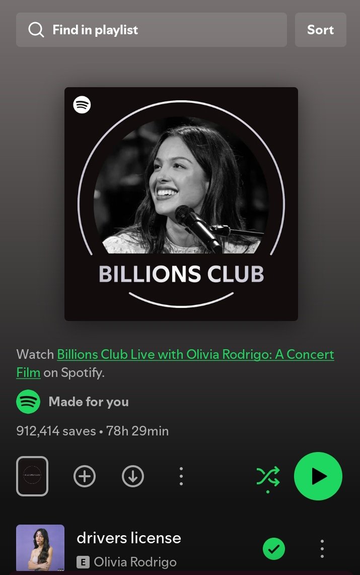 statsoirbu's tweet photo. Olivia Rodrigo graces the billions club cover on Spotify with 'drivers license' at #1. https://t.co/dnymUMsfOb