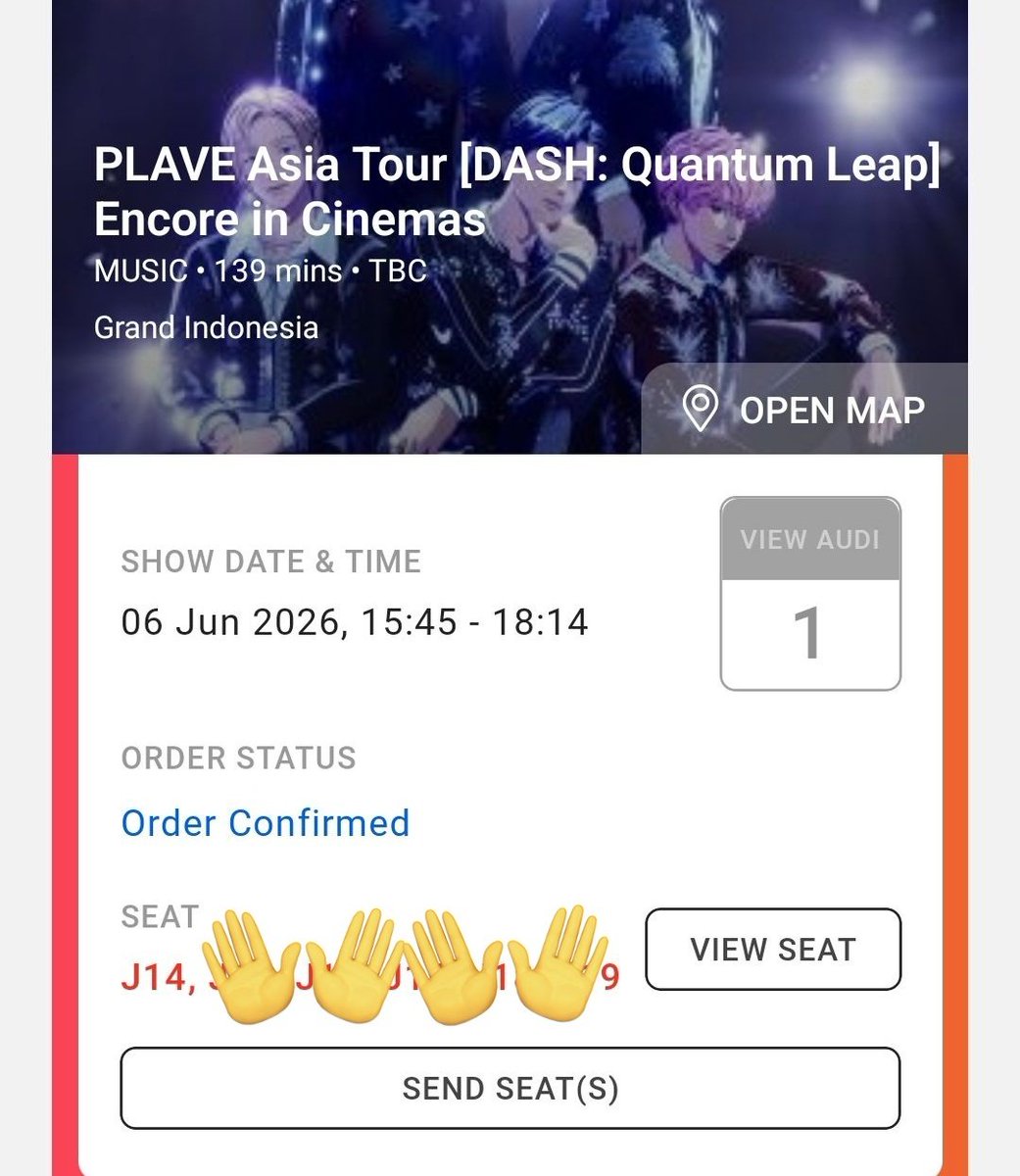 Flmier's tweet photo. WTS PLAVE DQL Encore in Cinema

6 Juni 2026
CGV Grand Indonesia (ScreenX)
Seat J14
💸200k

Jual 1 tiket buat dql cinema tgl 6 di GI karna temen berhalangan hadirr gess, ayo diangkutt kita seru2an bareng🫶

#warungplave #PLAVE #psell https://t.co/PbqcKUvhjD