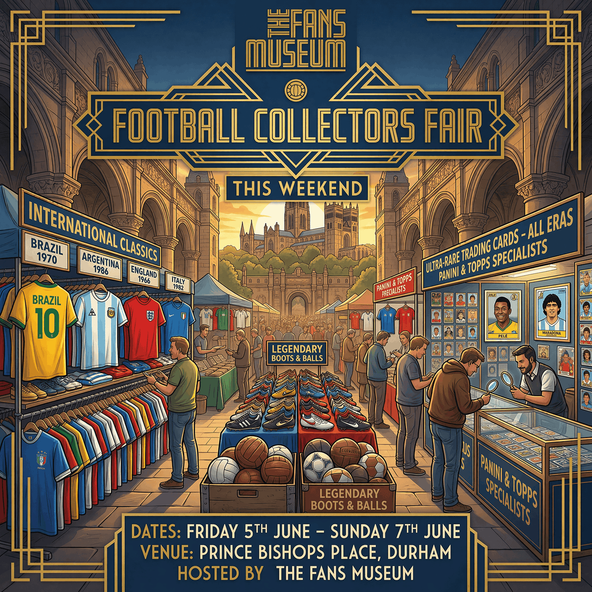 FansMuseum's tweet photo. ⚽ FOOTBALL COLLECTORS FAIR THIS WEEKEND! ⚽

Join us at The Fans Museum Store, Prince Bishops Place, Durham, from 5th-7th June!

Browse football memorabilia, retro shirts, programmes, cards &amp; more. Perfect for collectors and fans alike!

🕙 10am-5pm daily
🎫 FREE ENTRY https://t.co/6SldlSLIPy