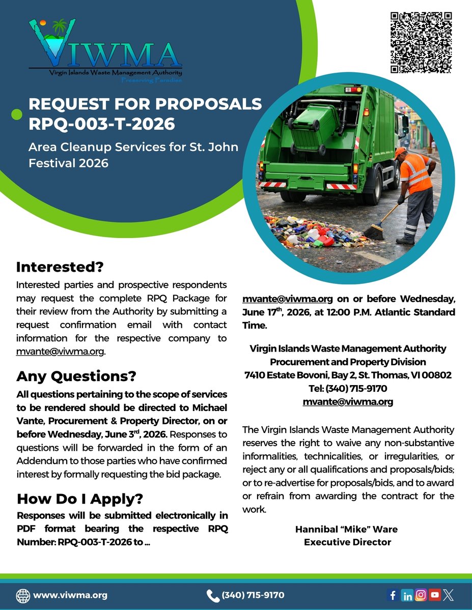 VIWMA's tweet photo. 📢 Don't Miss This Exciting Business Opportunity!
RPQ-003-T-2026 - Area Cleanup Services for St. John Festival 2026
For more information, please visit: https://t.co/5B5qU9HIze
#VIWMA #PreservingParadise #businessopportunity https://t.co/PE4ENJM5cn