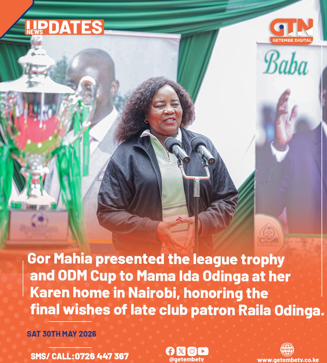 GetembeTV's tweet photo. Gor Mahia presented the league trophy and ODM Cup to Mama Ida Odinga at her Karen home in Nairobi, honoring the final wishes of late club patron Raila Odinga.
#GorMahia #IdaOdinga #RailaOdinga #getembedigital https://t.co/Sy3tjtYim8