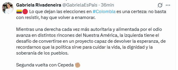 EcEnDirecto's tweet photo. #ATENCIÓN 
La presidenta de la @RC5Oficial, @GabrielaEsPais, manifestó que lo que dejan las elecciones en #Colombia es una certeza: no basta con resistir, hay que volver a enamorar.  
"Mientras una derecha cada vez más autoritaria y alimentada por el odio avanza en distintos rincones del Nuestra América, la izquierda tiene el desafío de convertirse en un proyecto capaz de devolver la esperanza, de recordarnos que la política sirve para cuidar la vida, la dignidad y la soberanía de los pueblos", comentó.