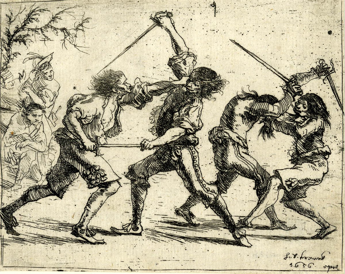 DiaryOfPepys's tweet photo. Monday 1 June 1663

Begun again to rise betimes by 4 o’clock, and made an end of “The Adventures of Five Houres,” and it is a most excellent play.
So to my office, where a while and then about several businesses …
I with Sir J. Minnes to the Strand May-pole; and there ’light out of his coach, and walked to the New Theatre, which, since the King’s players are gone to the Royal one, is this day begun to be employed by the fencers to play prizes at. And here I came and saw the first prize I ever saw in my life: and it was between one Mathews, who did beat at all weapons, and one Westwicke, who was soundly cut several times both in the head and legs, that he was all over blood: and other deadly blows they did give and take in very good earnest, till Westwicke was in a most sad pickle. They fought at eight weapons, three bouts at each weapon. It was very well worth seeing, because I did till this day think that it has only been a cheat; but this being upon a private quarrel, they did it in good earnest; and I felt one of their swords, and found it to be very little, if at all blunter on the edge, than the common swords are. Strange to see what a deal of money is flung to them both upon the stage between every bout. But a woful rude rabble there was, and such noises, made my head ake all this evening. So, well pleased for once with this sight, I walked home.

The Adventures of Five Hours (Sir Samuel Tuke)

The Strand May-pole was a prominent landmark on the Strand, near the site of today’s St Mary-le-Strand church. Erected after the Restoration in 1660 to replace the Puritan-destroyed original, the tall decorated pole symbolised royalist revival and May Day festivities

After the King’s Company moved to Drury Lane, their former venue (Gibbon’s Tennis Court, Vere Street) began hosting fencing “prizes.”  This one was eight weapons (three bouts each) with near-sharp swords. Westwicke was badly cut and bloodied. Fighters fought earnestly, especially on private quarrels; spectators flung money onto the stage to encourage the fighting.

What dueling might actually have looked like among soldiers or pirates. From the series “Scenes of War” by Hans Ulrich Franck, 1656. Courtesy of the British Museum.