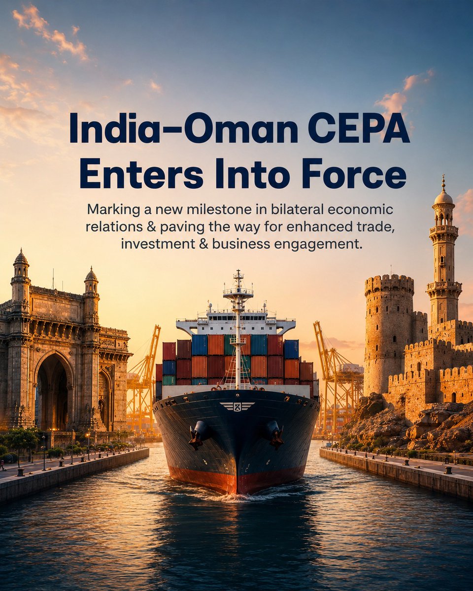 IndiainDR's tweet photo. El CEPA India-Omán entra en vigor hoy, marcando un hito importante en el compromiso económico de India con la región del Golfo.

El acuerdo proporciona acceso sin aranceles para las exportaciones indias en el 98,08 % de las partidas arancelarias de Omán, cubriendo el 99,38 % del valor comercial, creando nuevas oportunidades para exportadores, pymes y sectores intensivos en mano de obra.

El CEPA abre oportunidades para profesionales indios en TI, salud, educación, ingeniería y medicina tradicional, mientras protege sectores sensibles como la industria láctea y la agricultura. Este acuerdo histórico refleja el enfoque equilibrado de India hacia el comercio, ampliando las oportunidades globales mientras protege los intereses nacionales.
_____________________________________________________

The India-Oman CEPA comes into force today, marking a major milestone in India’s economic engagement with the Gulf region.

The agreement provides zero-duty access for Indian exports on 98.08% of Oman’s tariff lines, covering 99.38% of trade value, creating new opportunities for exporters, MSMEs and labour-intensive sectors.

The CEPA opens avenues for Indian professionals in IT, healthcare, education, engineering and traditional medicine, while safeguarding sensitive sectors such as dairy and agriculture. This landmark agreement reflects India’s balanced approach to trade, expanding global opportunities while protecting national interests.

@MEAIndia @PIB_India @mygovindia @DDNewslive @airnewsalerts #IndiaOmanCEPA