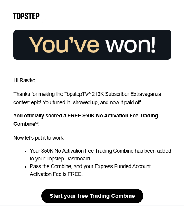 RastkoTrades's tweet photo. It's real. I won lmao, had a feeling I would.
Idc how many combines I've blown, @Topstep is the best prop form hands down.

#TopStep #ESFutures #SP500 #NQFutures #NASDAQ $NQ $ES #Silver #Gold $CL #CLFutures #Trading #FuturesTrading https://t.co/IIgVQHGHf6