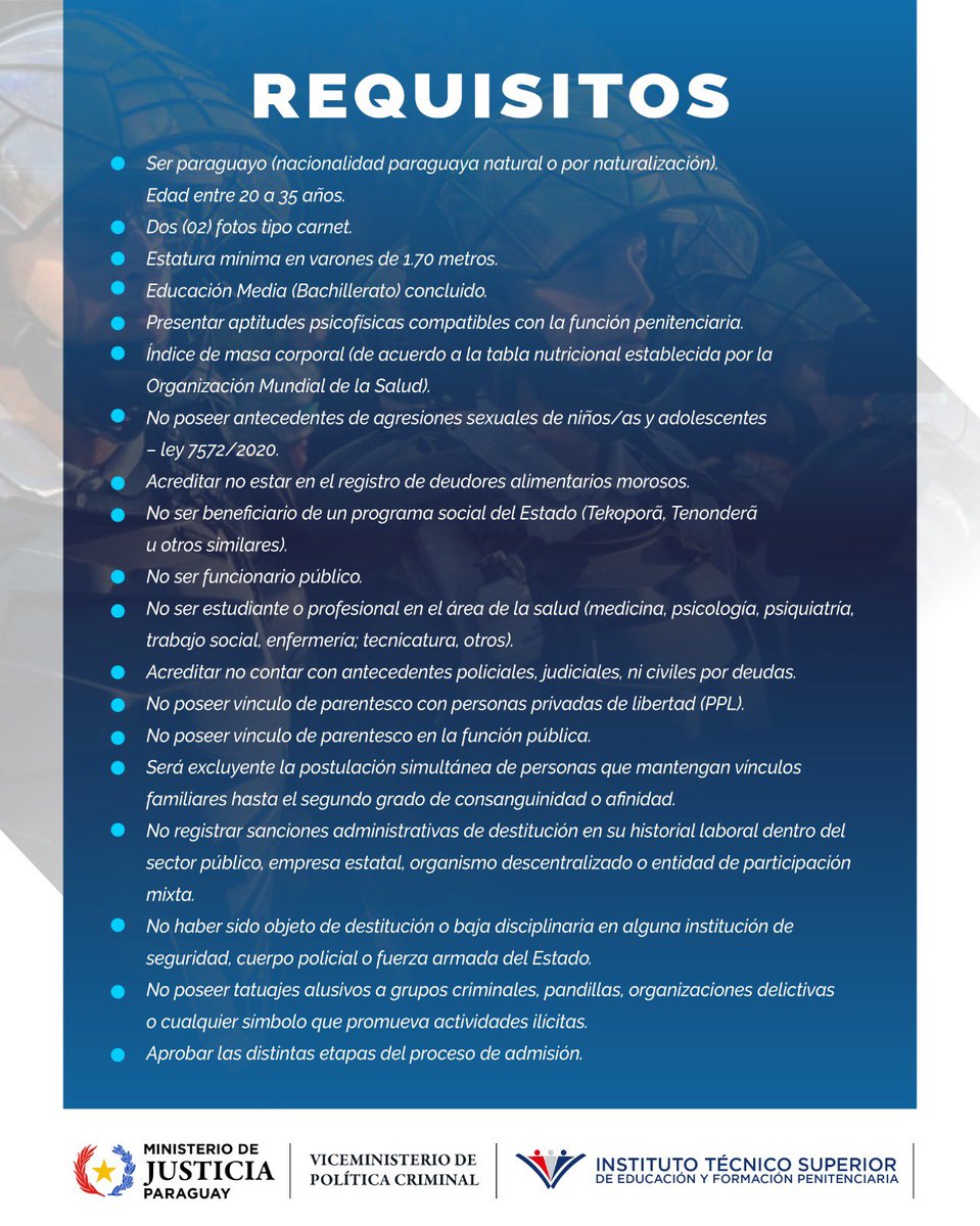 MJusticiaPy's tweet photo. 🔥 ¡TU FUTURO COMIENZA HOY! 🔥

El Ministerio de Justicia abre la convocatoria 2026 para la formación de nuevos Agentes Penitenciarios.

💪 Si tenés el compromiso, la preparación y la vocación para servir al país, te estamos buscando.

📅 Presentá tu carpeta del 08 al 19 de junio de 2026.
📍 Recepción en Asunción y Minga Guazú.

🚔 Formate para ser parte de la transformación del sistema penitenciario paraguayo.

📲 Consultá los requisitos al CORREO: itspenitenciario@gmail.com
WhatsApp: +595 982 794 821 (solo mensajes)

#GobiernoDelParaguay