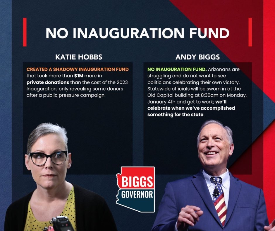 andybiggs4az's tweet photo. NO INAUGURATION FUND

Katie Hobbs turned the Inauguration Fund into a shadowy slush fund with money that could be used for any purpose.

We’re doing away with the Fund. We can celebrate with Arizonans once we’ve actually accomplished something. https://t.co/rwXApOB4ws