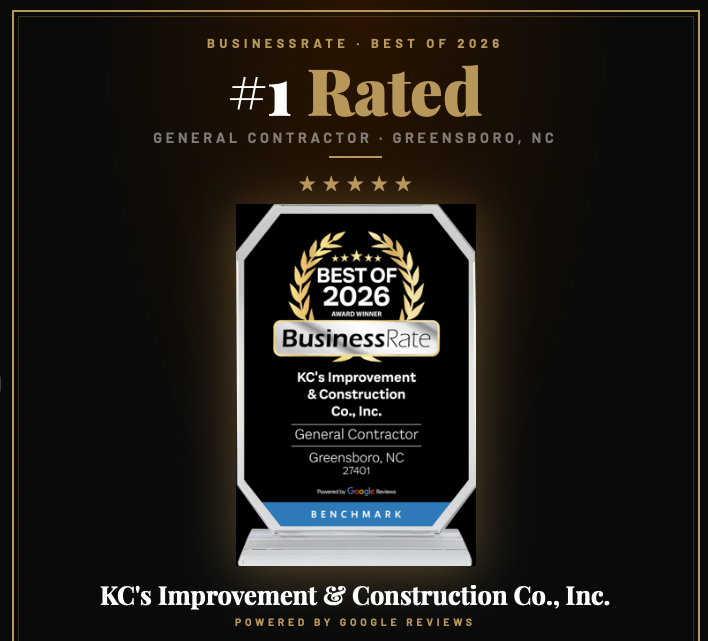 KCSimprovement's tweet photo. We won! 🏆KC's Improvement &amp; Construction Co., Inc. has been named the #1 General Contractor in Greensboro for 2026 by BusinessRate. This award is based on real Google Reviews from our amazing customers.
To everyone who left us a review, this is yours. Thank you. https://t.co/UTwd4nqIGm