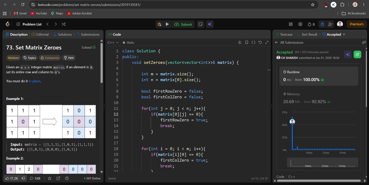 shakish15564's tweet photo. Day 1/45 of the #SDESheetChallenge 🚀

Today's problems:
✅Set Matrix Zeroes
✅Pascal's Triangle
✅Next Permutation

A big thanks to @striver_79 and @takeUforward_  for creating such a structured roadmap.
On to the next challenge! 💪

#CodeWithShakish #DSA #ProblemSolving https://t.co/l26IFNTdz0