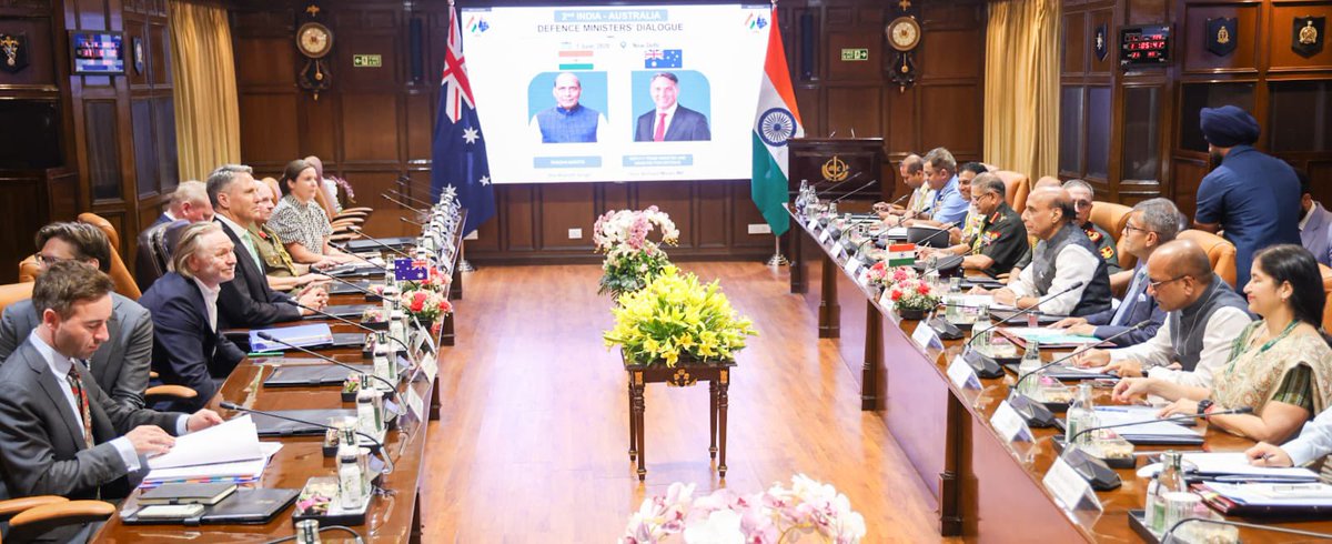 DefProdnIndia's tweet photo. Raksha Mantri Shri Rajnath Singh and Australian Deputy Prime Minister & Minister for Defence Mr Richard Marles co-chaired the second edition of #IndiaAustralia  Defence Ministers’ Dialogue in New Delhi on June 01, 2026. 

🔸The two sides discussed advancements in bilateral maritime security cooperation with focus on safe and secure Indo-Pacific region.

🔸They underscored the strategic importance of defence industrial collaboration and engagement. The two sides agreed to explore further exchanges including through the Joint Working Group on Defence Industry, Research, and Materiel.

Read here: https://t.co/9DLPx2ra0I

#IndianDefence  #RakshaMantri #IndiaAustralia #DefenceIndustry #DefenceCooperation