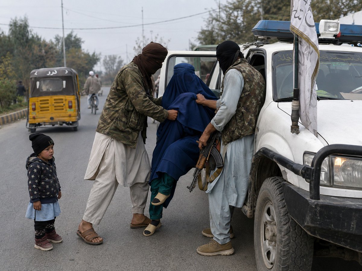 The_Hunters_Eye's tweet photo. A disturbing scene from Afghanistan: a woman is forcibly taken into a vehicle while out with her child. This video indicate increasing restrictions on women's freedom of movement by #Taliban regime, raising serious concerns about their rights, safety, and dignity. #Afghanistan https://t.co/eAGWIUry8Z