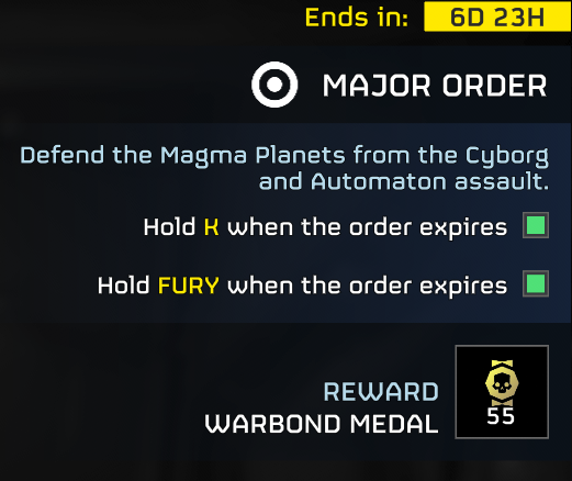 helldivers2's tweet photo. MAJOR ORDER: The Cyborgs have launched a coordinated offensive on K and FURY, magma-covered planets previously wrested from the enemy at great cost. The Helldivers are ordered to the immediate defense of these planets.

The Magma Planets contain rich mineral resources, and were exploited by the Automatons prior to their liberation and return to Super Earth's citizens. Their extensive mining operations, it is now known, were critical to the synthetic production of the Cyborgs.

Intel is scarce as to the enemy's motive to reclaim these planets now. It is possible they are running low on material to create new Cyborgs, or seek to increase production. But all possibilities remain under consideration.

The Magma Planets must be held at all costs.
