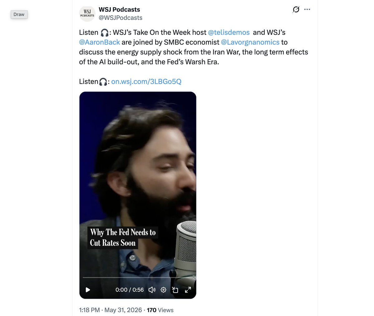 WSJPodcasts's tweet photo. @telisdemos @AaronBack @Lavorgnanomics WSJ’s @telisdemos &amp; @AaronBack are joined by SMBC economist @Lavorgnanomics to discuss inflation, AI and the Fed’s Warsh Era.  
Listen 🎧: https://t.co/cwZI72dsMz  

 (corrects an earlier post, now deleted, whose headline suggested the guest says the Fed needs to cut rates) https://t.co/aRA5pTYrew