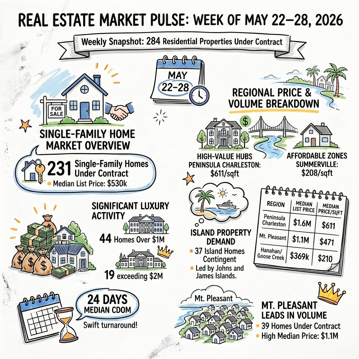 DavidKentRE's tweet photo. 🏡 Charleston Weekly Market Watch (May 22-28, 2026): 284 residential properties went under contract! 📊 Single-family median list price sits at 530k(263/sqft) with just 24 median days on market . #CharlestonRealEstate #CHSRealEstate #MarketUpdate https://t.co/Ufc0DomklG