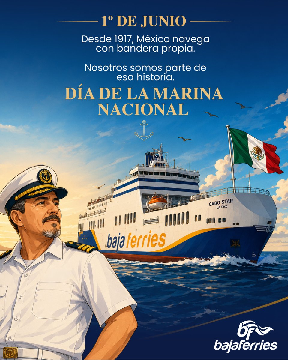 bajaferries's tweet photo. El 1 de junio de 1917, el vapor Tabasco zarpó de Veracruz con la primera tripulación 100% mexicana de la historia. Ese día nació la Marina Mercante Nacional. @SEMAR_mx 

Hoy, en el #CaboStar y el #CaliforniaStar, seguimos escribiendo esa historia.

Día de la Marina Nacional. 🇲🇽
#DíaDeLaMarina #BajaFerries #MarinaMarcanteNacional