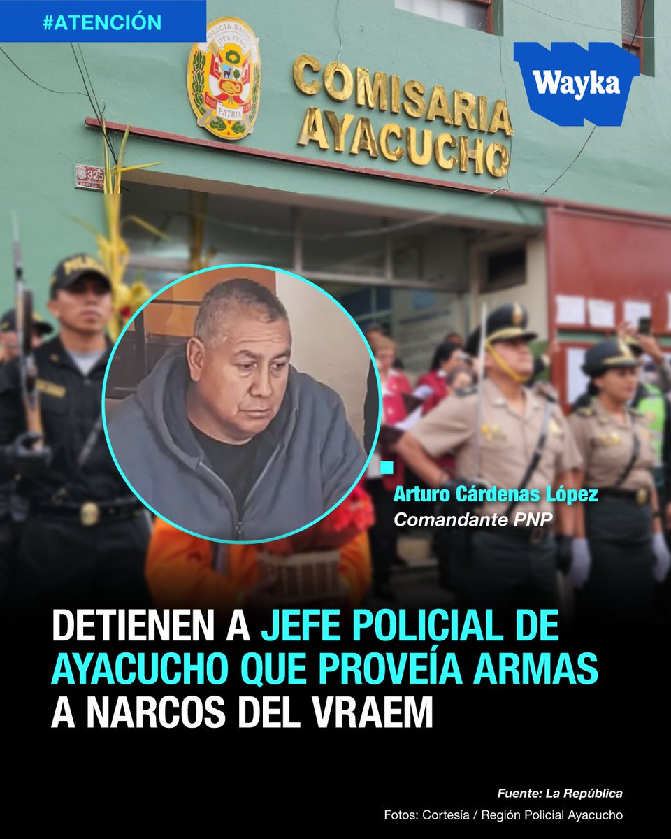 WaykaPeru's tweet photo. Para ser parte de la resistencia informativa, sigue el enlace en el primer comentario.

#Atención | 🚨👮🏽‍♂️El comandante PNP Arturo Cárdenas López, jefe jefe del Departamento de Criminalística de Ayacucho, fue detenido en su despacho tras descubrirse que pertenecía a la red criminal del narco Raúl Avendaño, el "Viejo"; informó La República.

Tras interceptaciones telefónicas, se reveló que el comandante de la Policía era conocido con el alias de "Tío" y coordinaba la entrega de fusiles y proyectiles a la mafia del "Viejo".

"'Tío’ necesitamos 500 pepas (municiones) de 38 y larga (7.62 fusil)”, se le escuchó decir al “Viejo” en una de las llamadas interceptadas.
