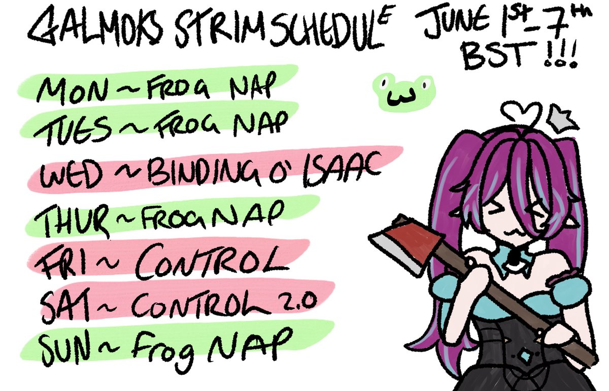 TheGalmok's tweet photo. I've been lacking on posting schedules here 🫠🫠

Weds ~ 7:30pm Isaac!

Fri ~ 7:30pm Control

Sat ~ 4:30pm Moat Control 

Oopsie sowwy I'm just a fwog 🐸🙂‍↕️ https://t.co/Ly6tBj9Koe