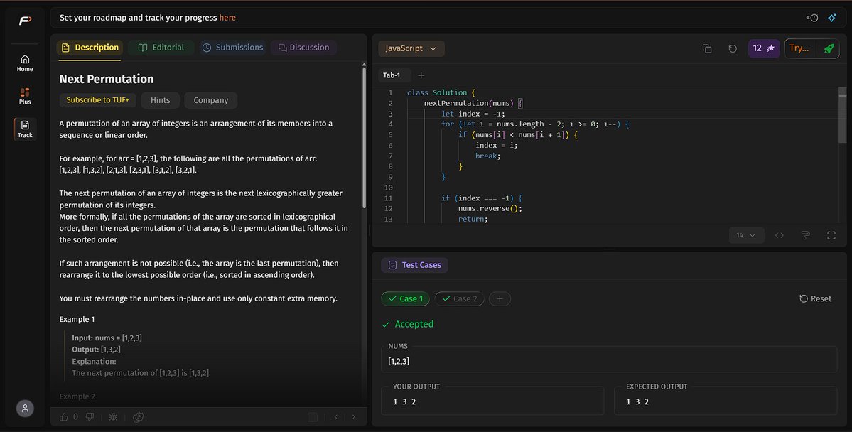 dipanshurdev's tweet photo. Day 1/45 of #SDESheetChallenge 🚀

Solved:
✅ Set Matrix Zeroes
✅ Pascal's Triangle I
✅ Next Permutation
Biggest learning:
Understanding in-place optimization and lexicographical ordering.
Every day = 1% better.
#DSA #LeetCode #Arrays #Java #SDESheetChallenge https://t.co/6eY4UT2n1R