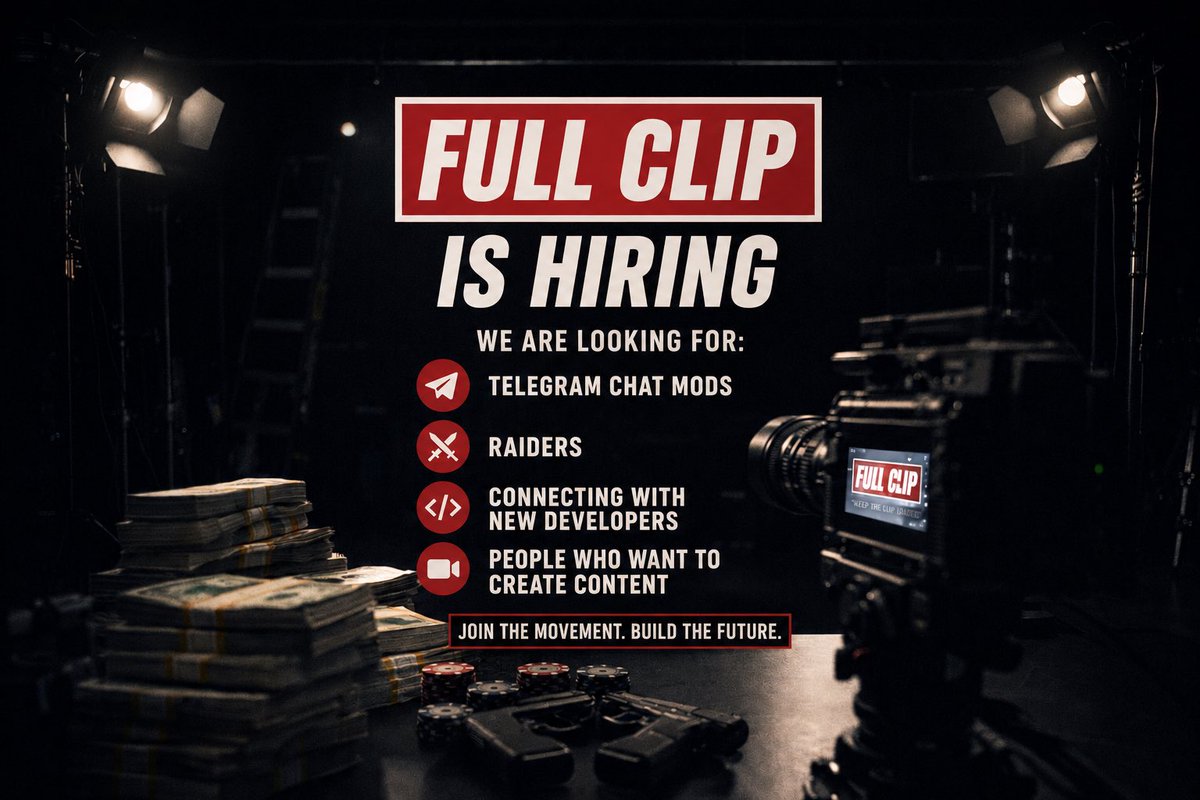 FULLCLIP_TEAM's tweet photo. 🚨 FULL CLIP IS HIRING 🚨

Looking for:
🫡 Chat Mods
🔥 Raiders
💻 Developers
🎥 Content Creators

Want to build in Web3 and grow with a team?

DM us.

KEEP THE CLIP LOADED 🔴

#Solana #Web3 #Crypto #Builders https://t.co/02vlNoE15Z