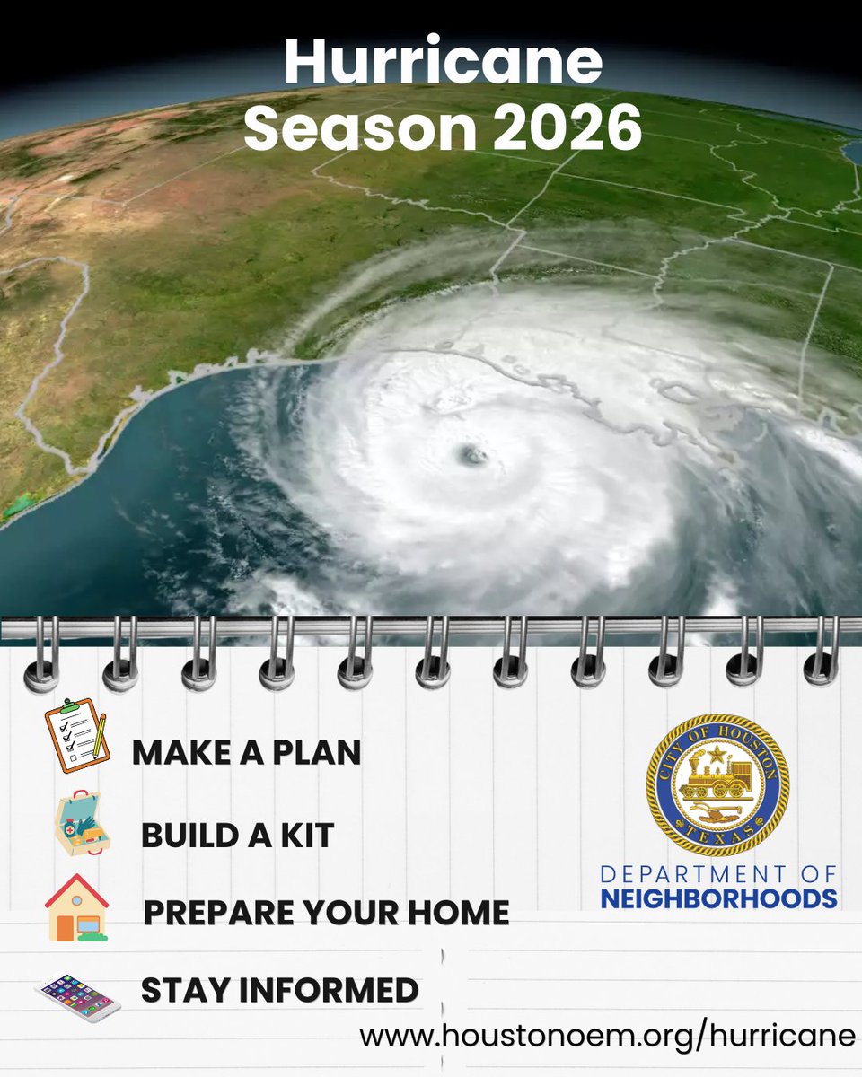 NeighborHOU's tweet photo. Today marks the first day of Hurricane Season, and the Houston Department of Neighborhoods is reminding everyone that prepared communities are resilient communities. Stay safe and prepared!. #HouNeighborhoods #HOUReady #HurricaneSeason2026 https://t.co/tZBzDf4Rfw